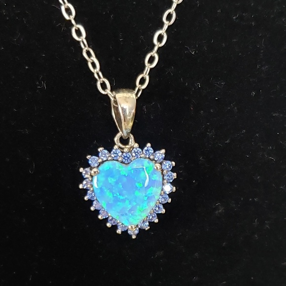 Opal and Blue CZ Heart Necklace - Picture 4 of 7